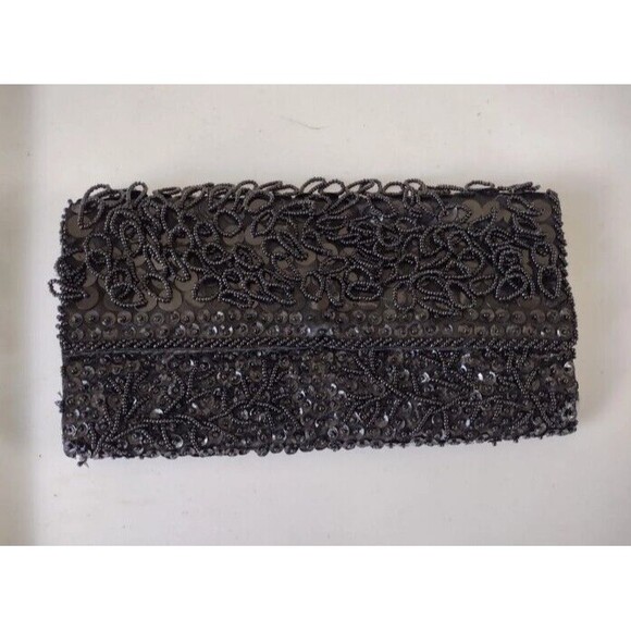 Small Black Beaded Clutch Handbag Snap Close Vintage Mid Century 60s Glamour - Picture 1 of 6